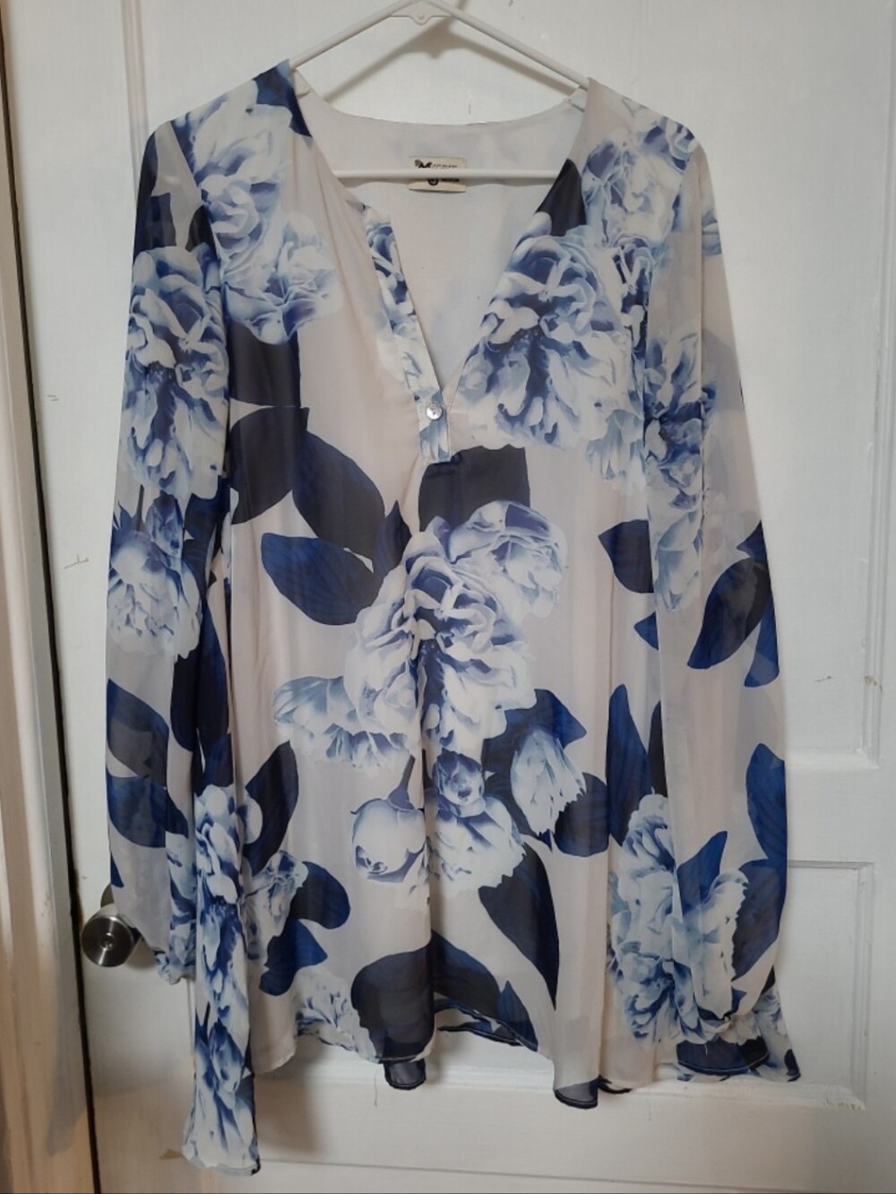Show Me Your MuMu Jamie White & Blue Floral V-Neck Tunic Mini Dress Small